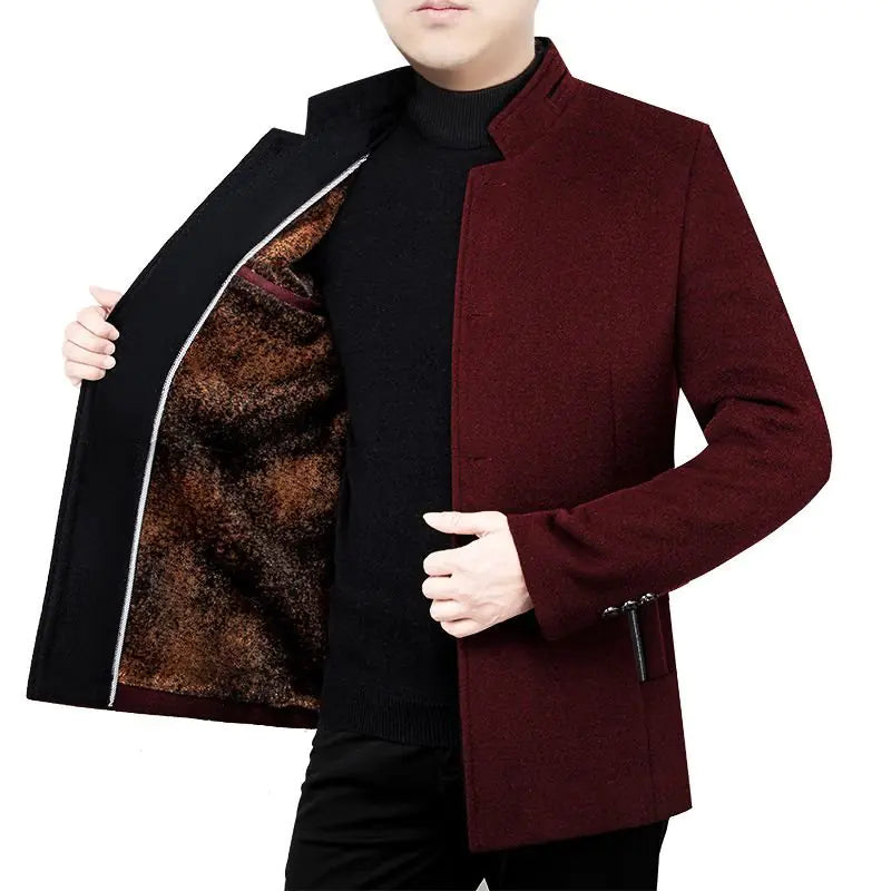 Men's Woolen Coat with Velvet Stand Collar for Fall/Winter