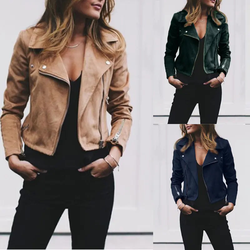 Women's Leather Jacket with Lapel and Oblique Zipper