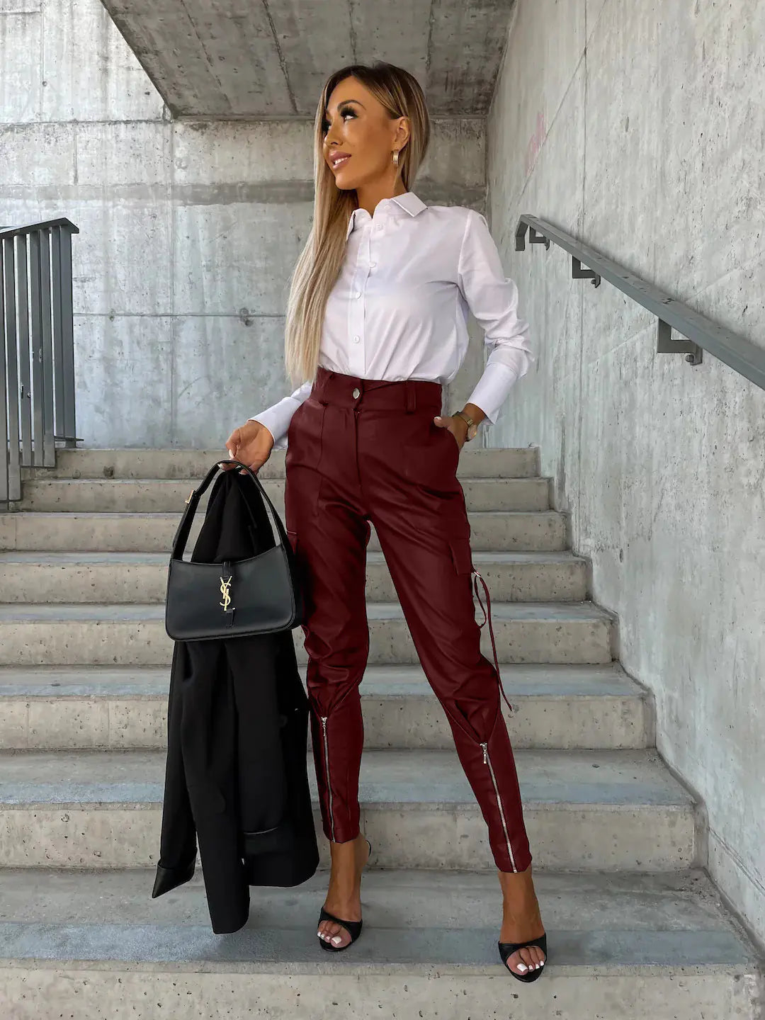 Slim PU Leather Waist Skinny Trousers with Pockets