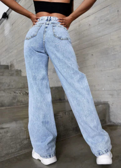 Women's Light Blue Distressed High Waist Denim Jeans