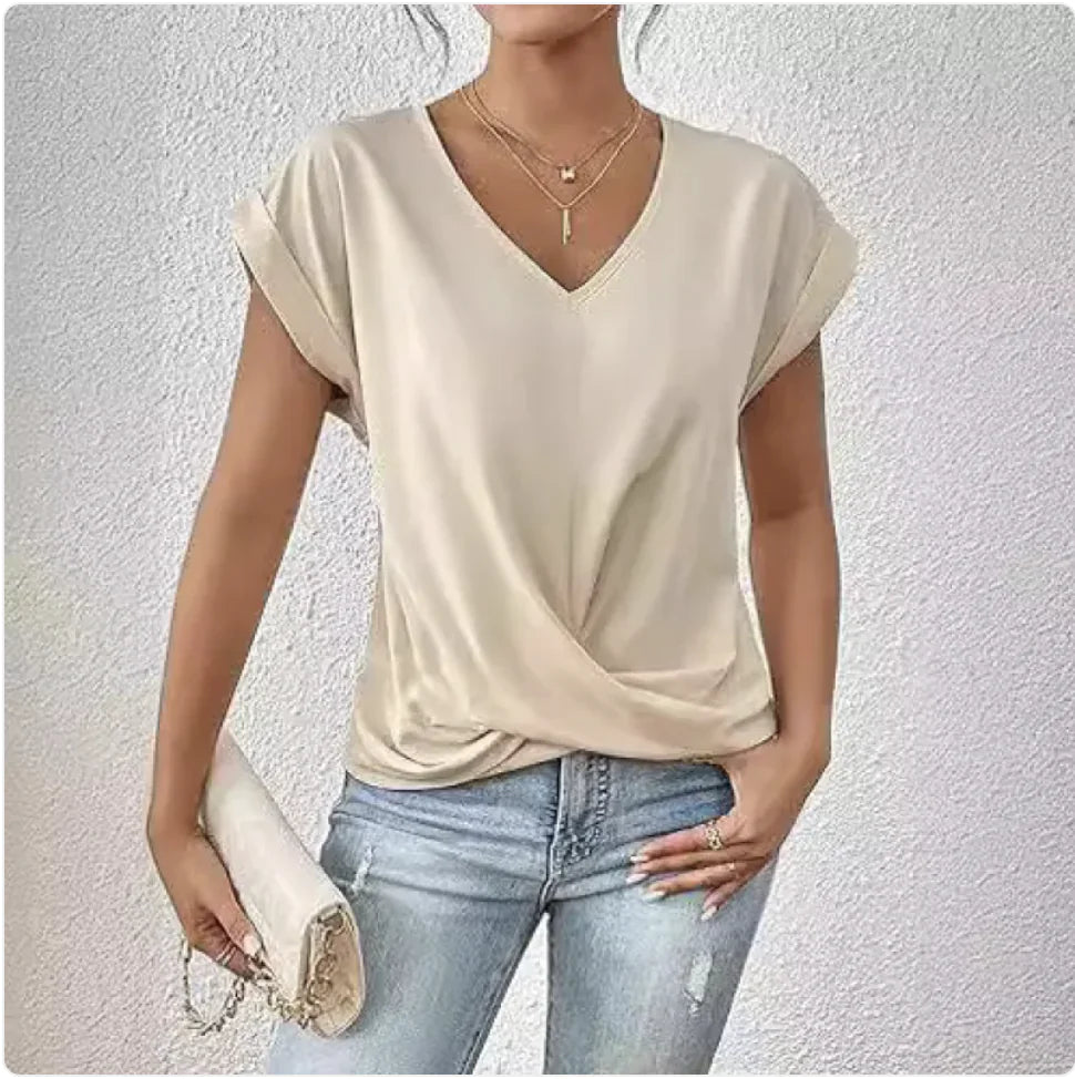 Damen V-Ausschnitt unregelmäßig geknotetes Kurzarm-T-Shirt