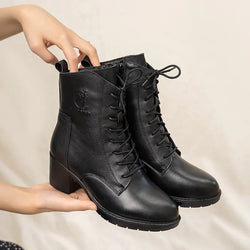 Botines de cuero para mujer con tacón grueso, colección otoño