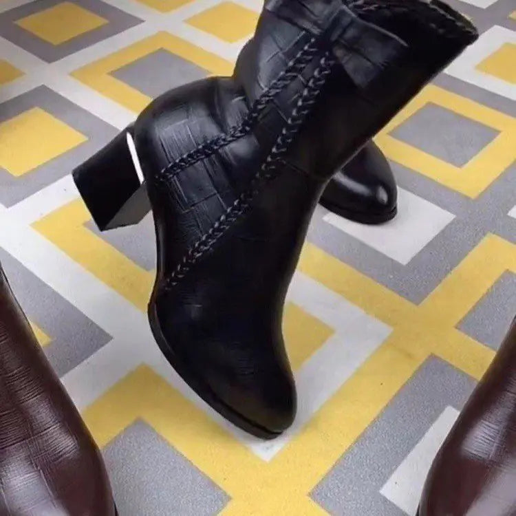 British Style Women's Pointed Toe Mid-Tube Boots