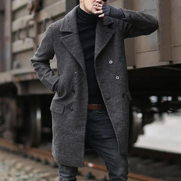 Men's Woolen Trench Coat with Lapel Design