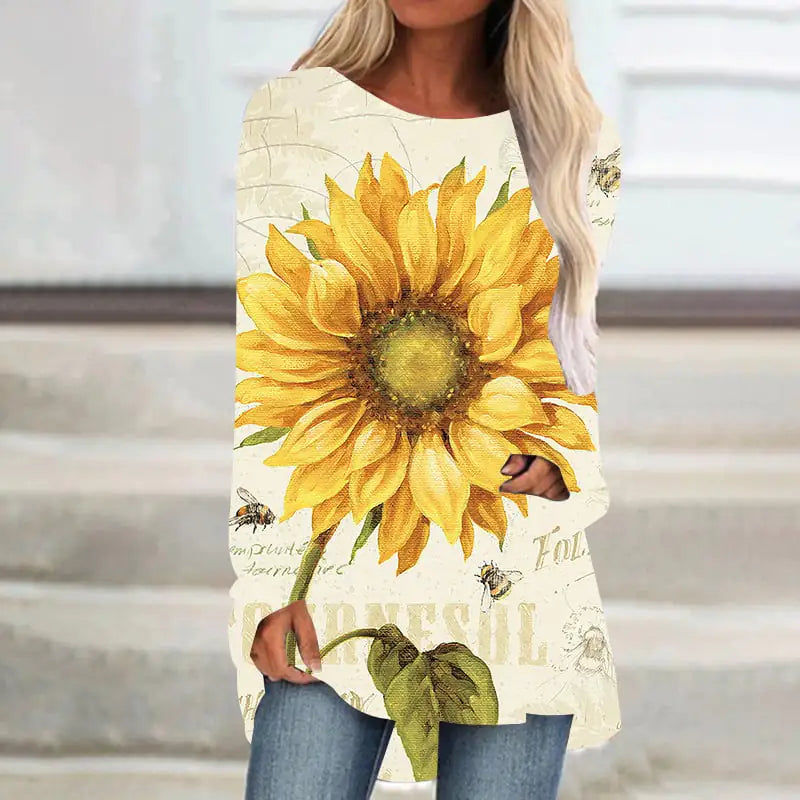 Women's Round Neck Sunflower T-shirt