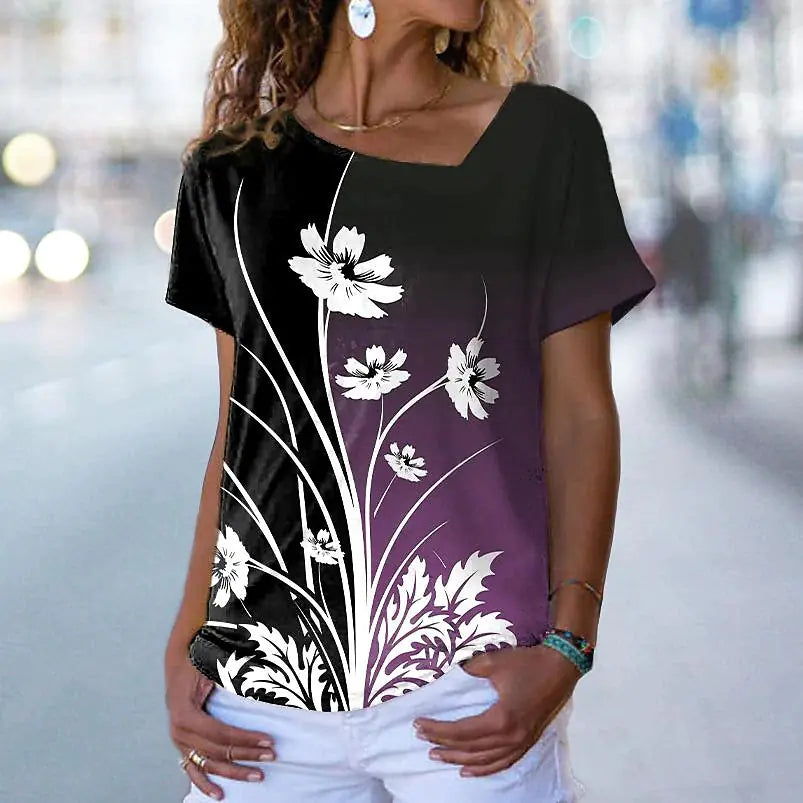 2023 Women's Casual 3D Floral Print Short Sleeve T-Shirt