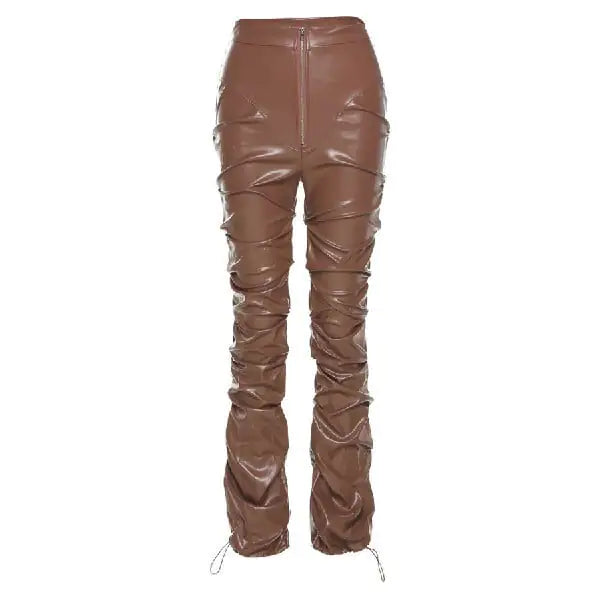 Pleated High Waist PU Leather Pants in Black