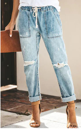 Women's Ripped Distressed Straight Leg Denim Pants