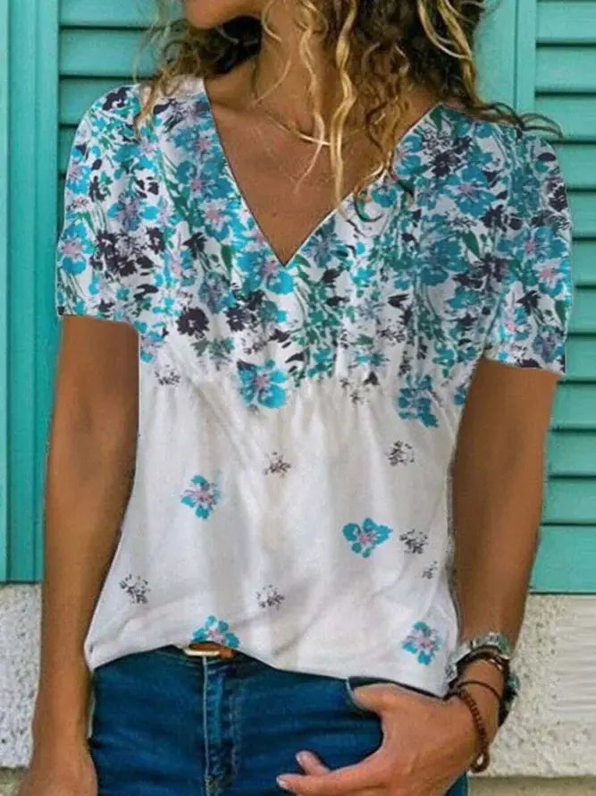 New Women's Printed V-neck Loose Short Sleeve T-shirt