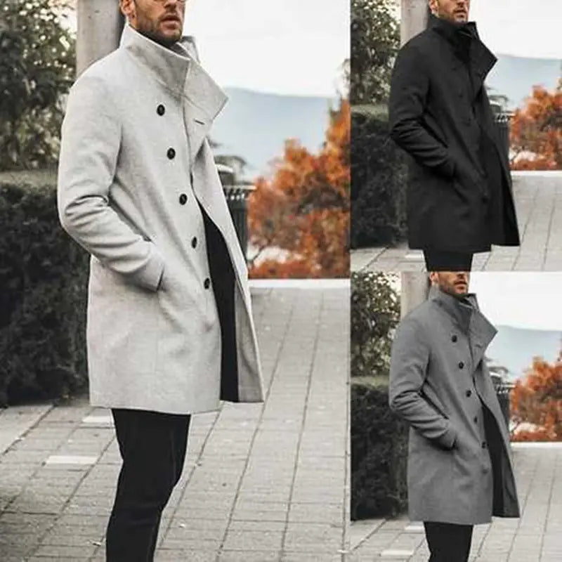 Men's Casual Tweed Trench Coat with Stand Collar