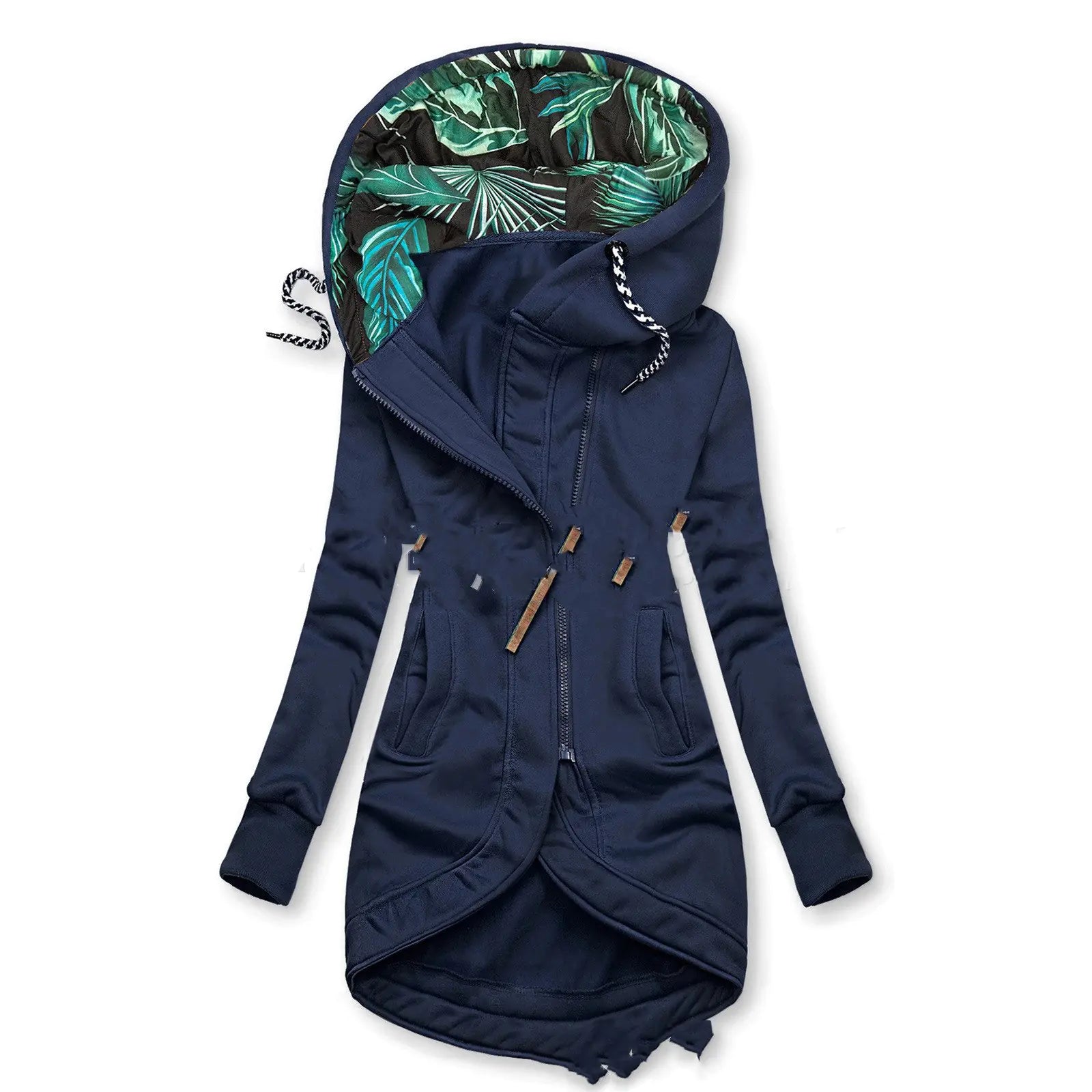 Solid Color Printed Hooded Long Sleeve Jacket