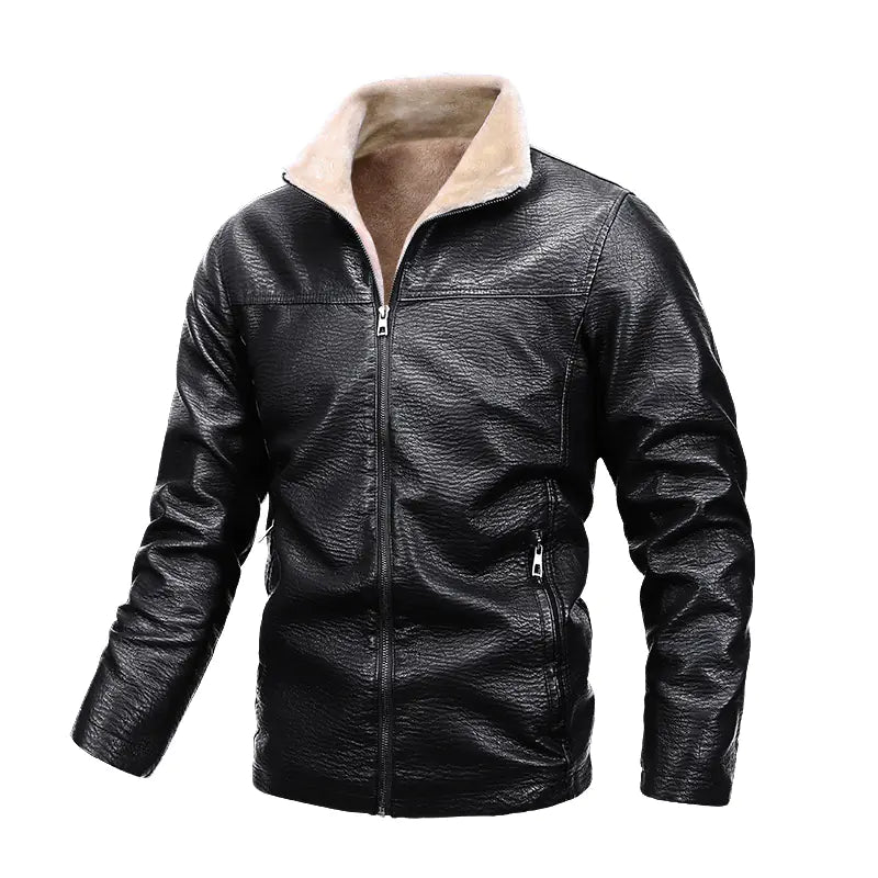 Men's Plus Velvet Leather Casual Stand Up Collar Jacket
