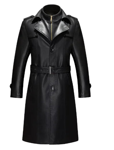 Men's Genuine Leather Long Coat with Stand Collar