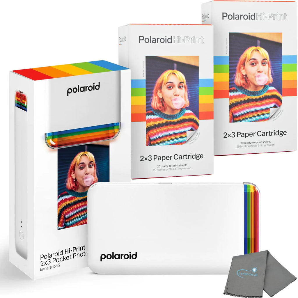 Polaroid Hi Print + 40 Photo Bundle 2nd Generation Phone Printer 2x3 Pocket Photo Printer Portable Bluetooth Photo Printer for iPhone & Android Cleaning Cloth