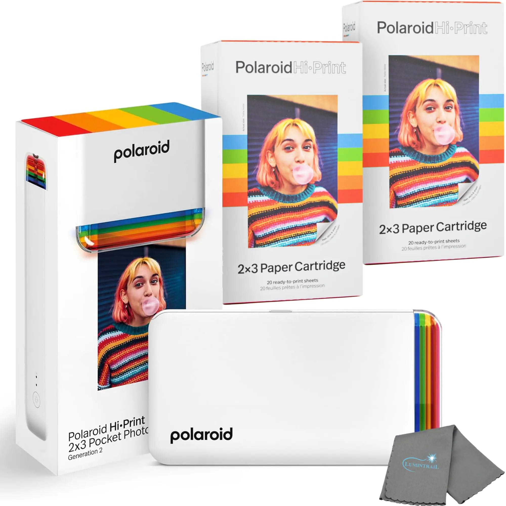 Polaroid Hi Print + 40 Photo Bundle 2nd Generation Phone Printer 2x3 Pocket Photo Printer Portable Bluetooth Photo Printer for iPhone & Android Cleaning Cloth