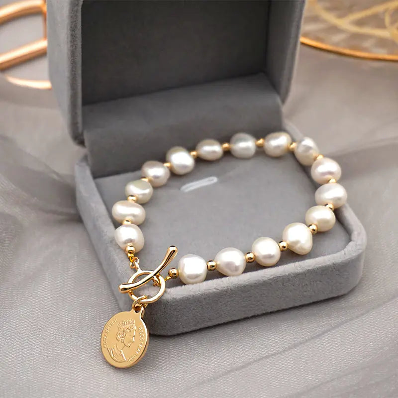 14k Real Gold Freshwater Pearl Bracelet for Women
