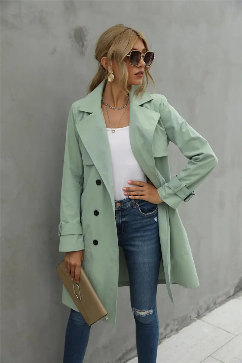 Elegant Women's Long Sleeve Double Breasted Trench Coat