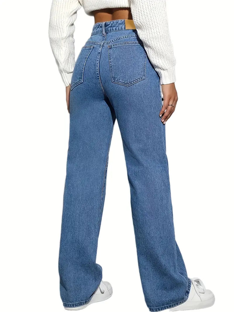 High Waist Loose Blue Denim Straight Leg Pants