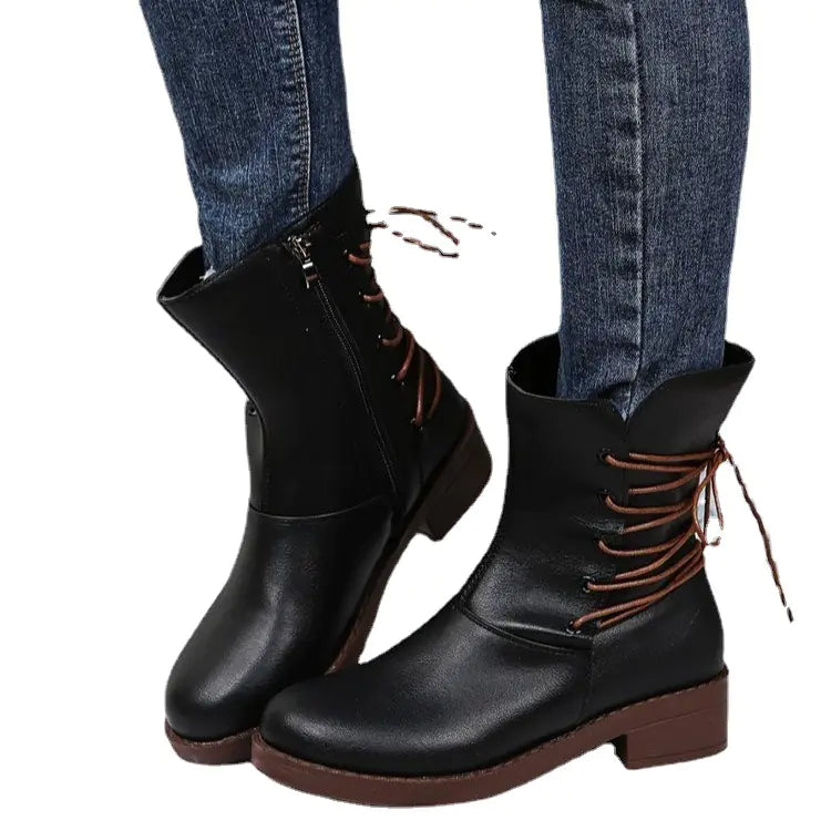 Botas de tacón grueso con remaches y cordones estilo retro para mujer