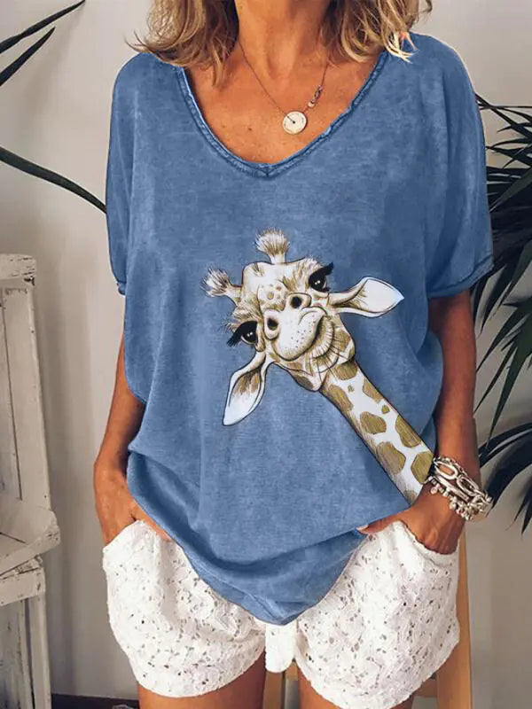 New Women's Printed V-neck Loose Short Sleeve T-shirt