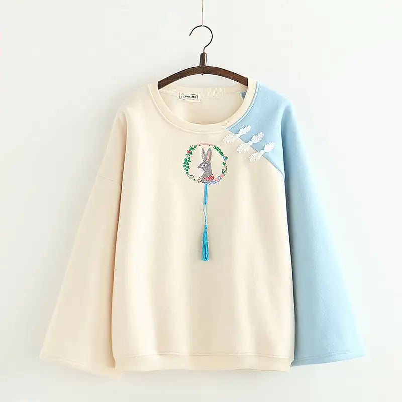 Japanese Cartoon Rabbit Embroidery Velvet Sweater