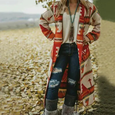 Printed Long Sleeve Woolen Coat