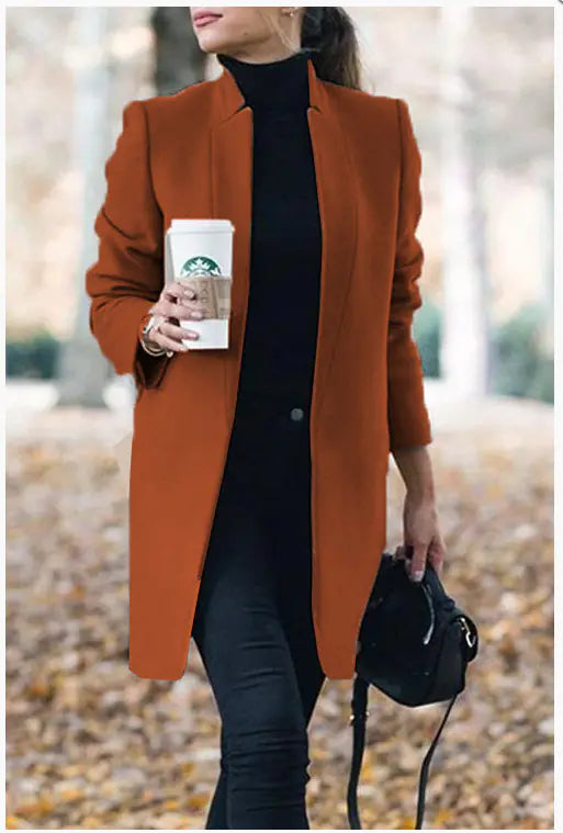 Solid Color Wool Blend Stand Collar Coat