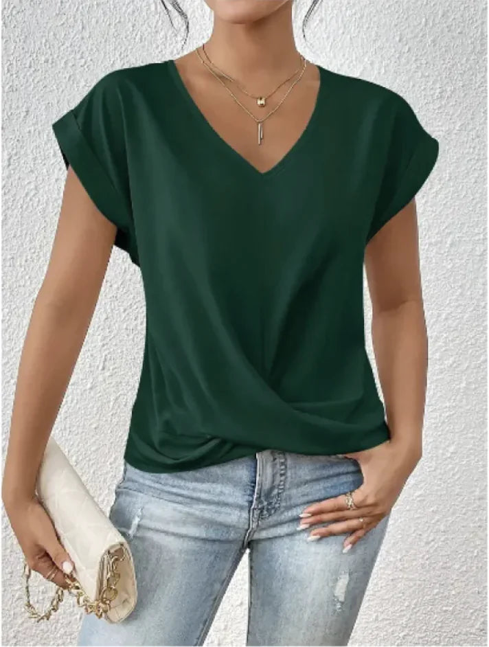 Damen V-Ausschnitt unregelmäßig geknotetes Kurzarm-T-Shirt