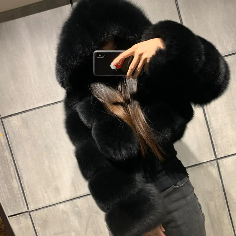 Short Hooded Faux Fur Jacket for Women