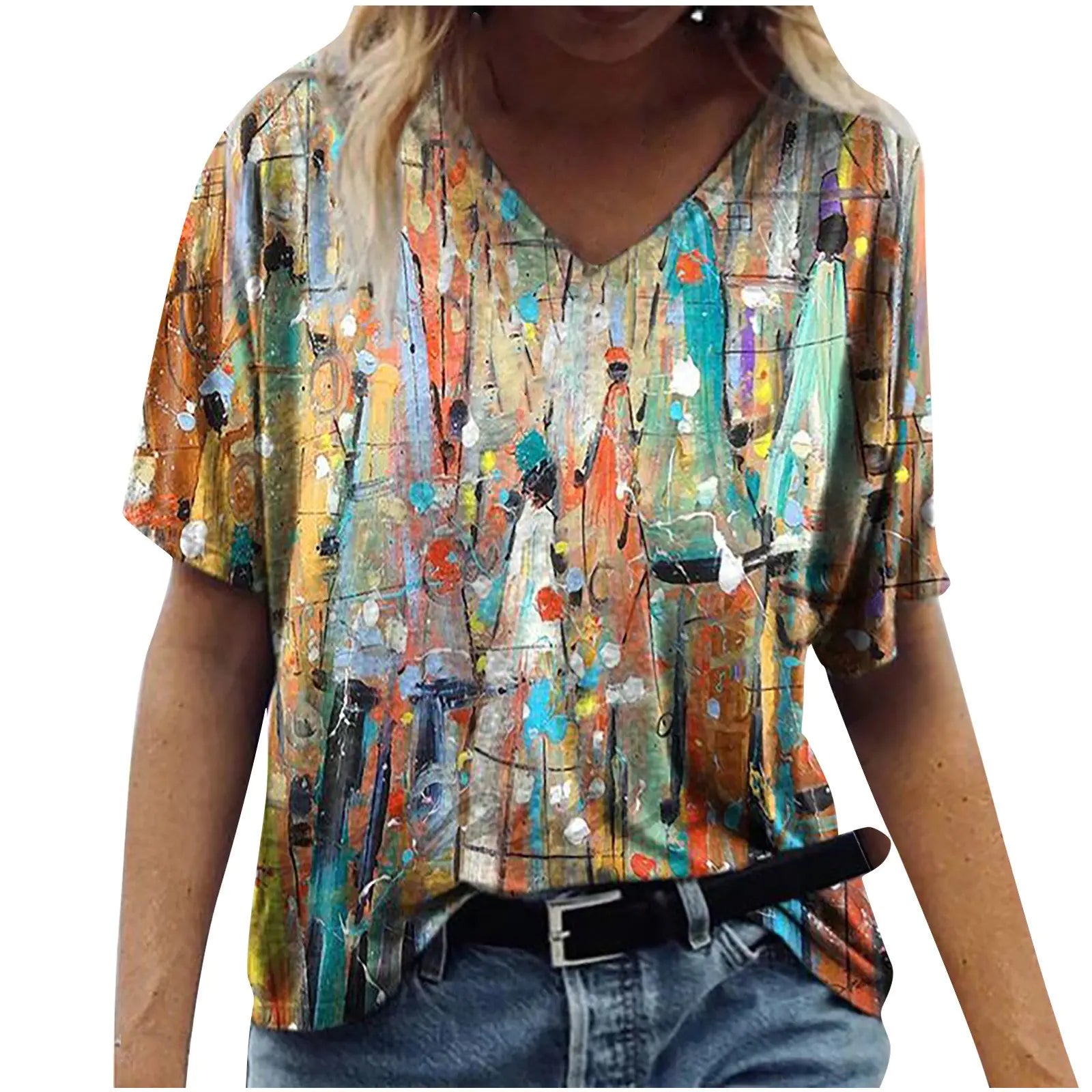 New Women's Printed V-neck Loose Short Sleeve T-shirt