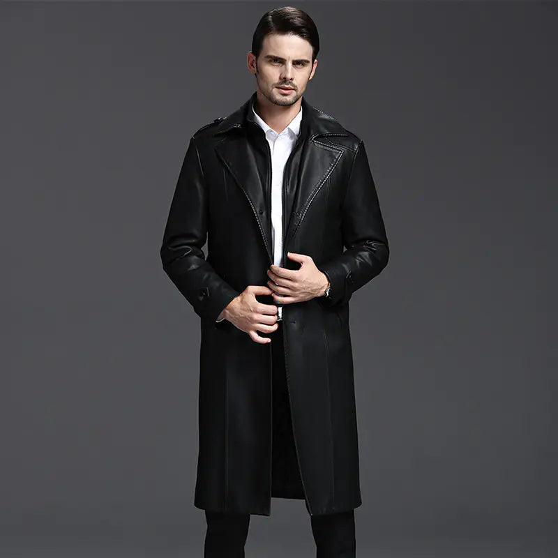 Men's Genuine Leather Long Coat with Stand Collar