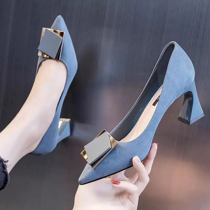 Nude Thick Mid-Heel Pointed Women's High Heels
