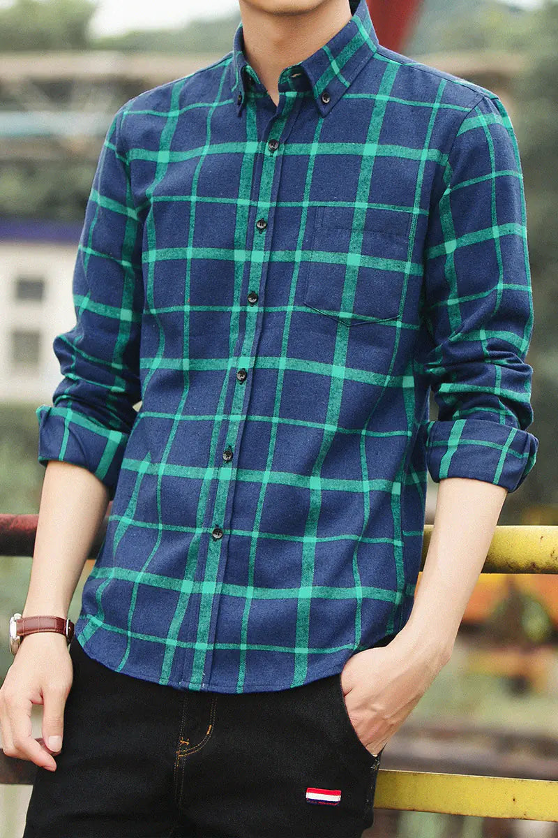 Men's Casual Slim Fit Cotton Plaid Long Sleeve Shirt