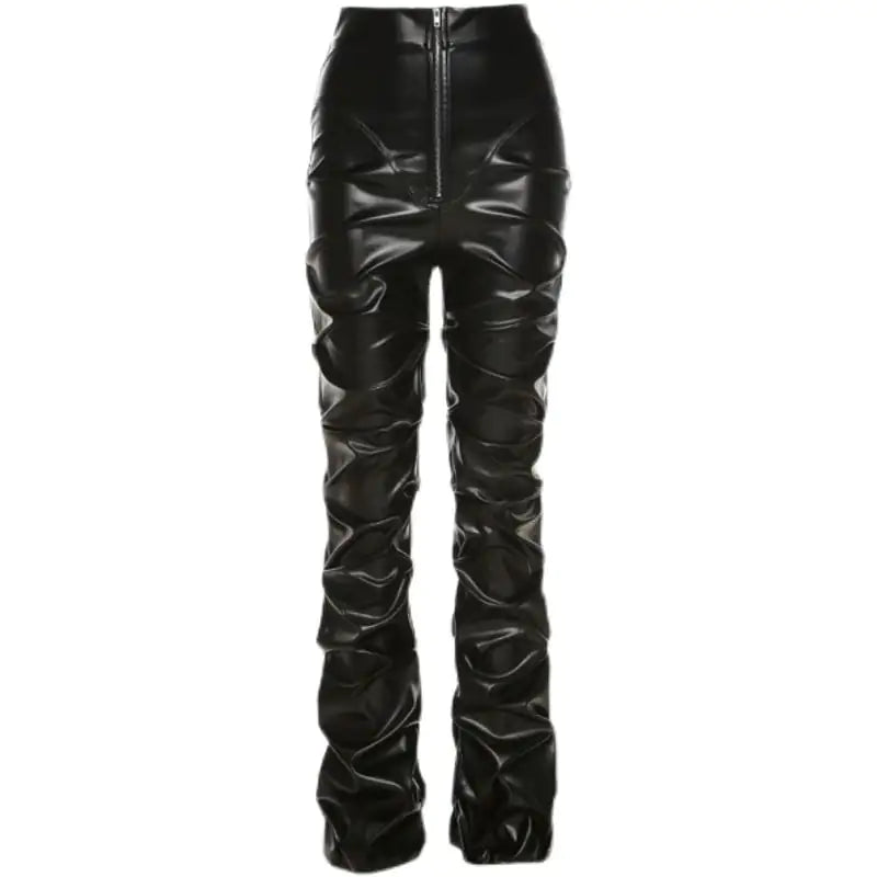 Pleated High Waist PU Leather Pants in Black