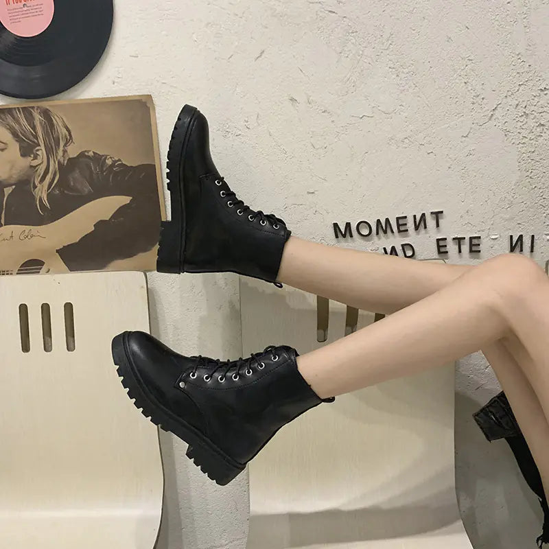 Women's Martin Boots - Flat Short Chunky Heel (UK Style)