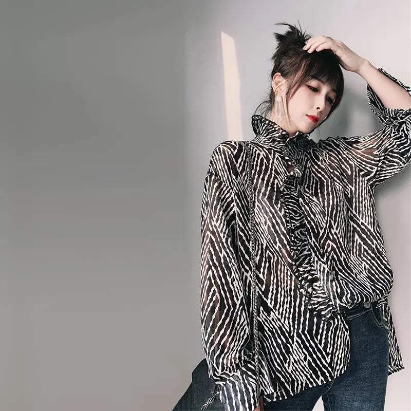 Stand Collar Ruffled Chiffon Shirt for Women