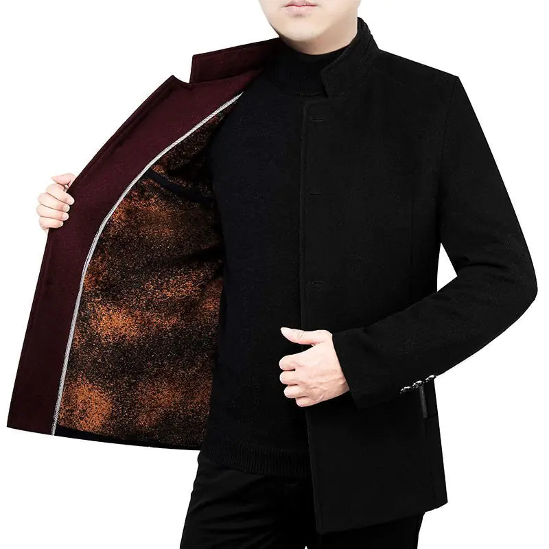 Men's Woolen Coat with Velvet Stand Collar for Fall/Winter