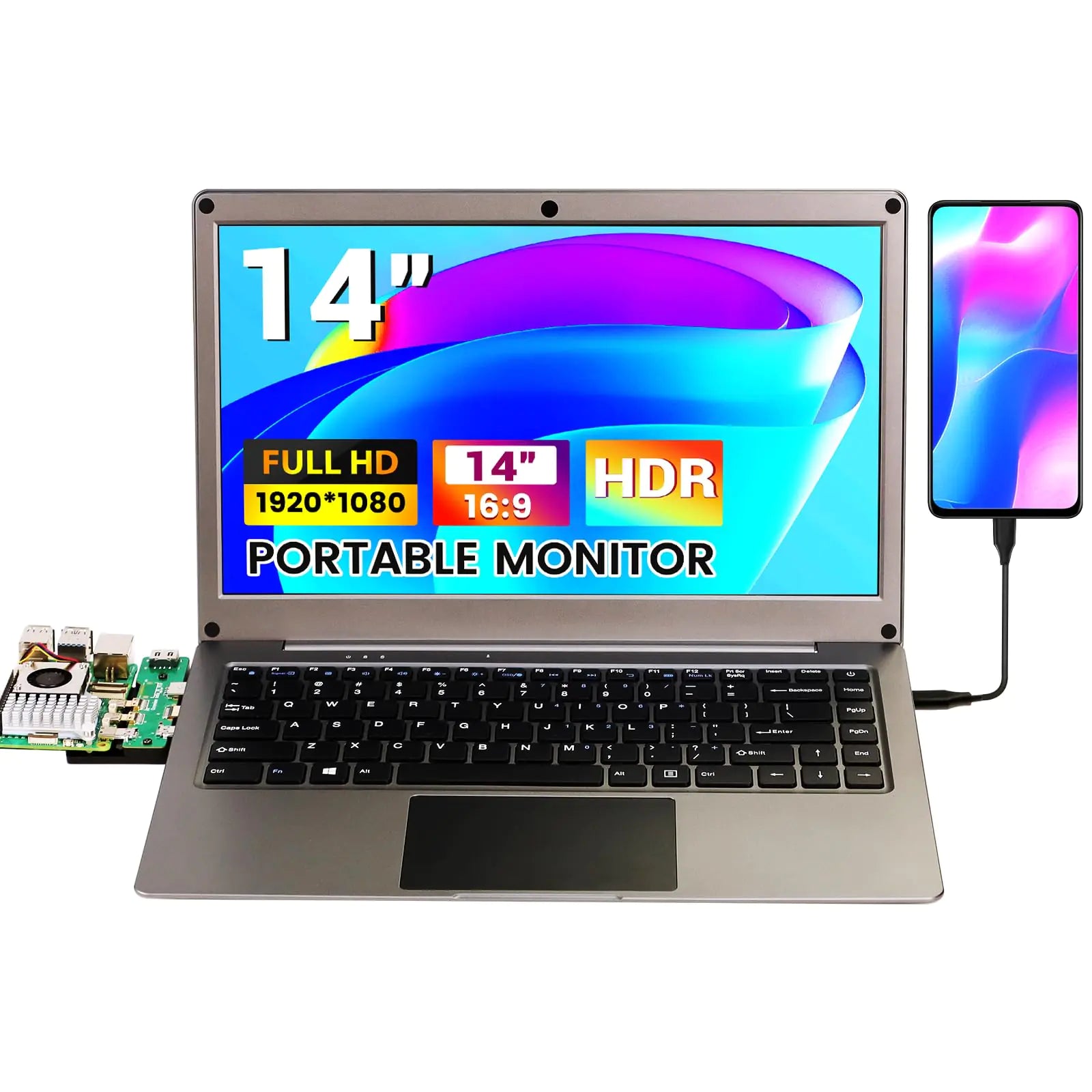 Portable Monitor with Keyboard14inch 1080P FHD Laptop Compatible with Raspberry Pi/Mini PC/Phone/PC/Game ConsoleCrowView Note Built-in Battery(Full Feature Type C Cable and HD Cable Included)