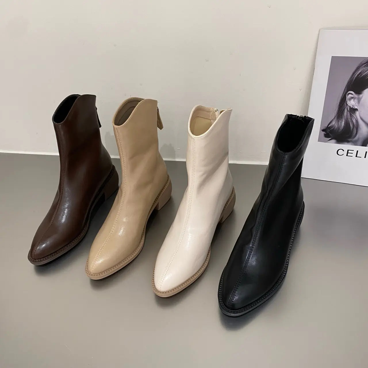 Women's Pointed Toe Ankle Boots with Thick Heels