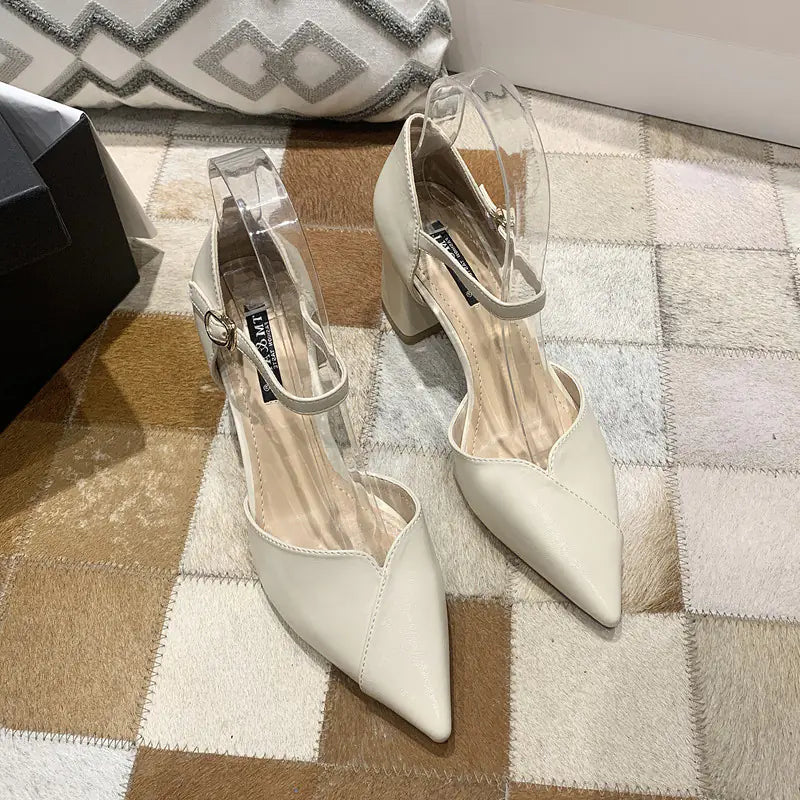 Tacones Altos de una Sola Tira Puntiagudos de Tacón Grueso Sexy
