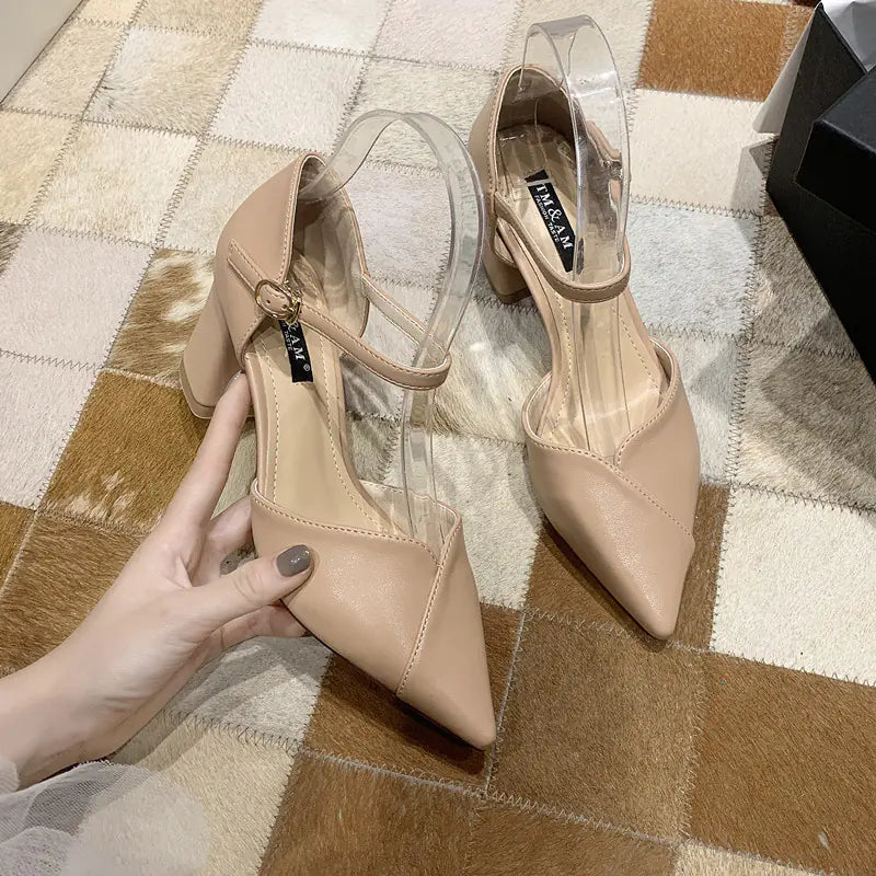 Tacones Altos de una Sola Tira Puntiagudos de Tacón Grueso Sexy