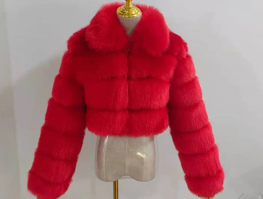 Faux Fur Women's Short Jacket with Lapel and Long Sleeves
