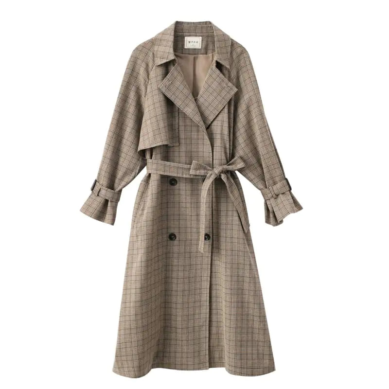 Plaid Windbreaker Long Loose Coat for Women