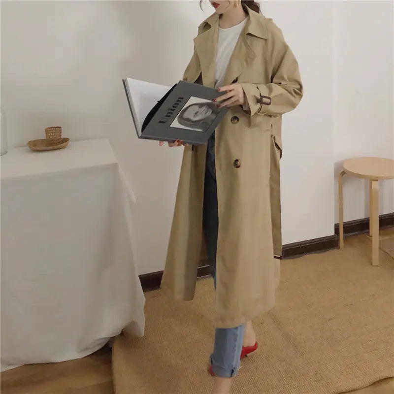 Lace-up Collar Solid Color Trench Coat