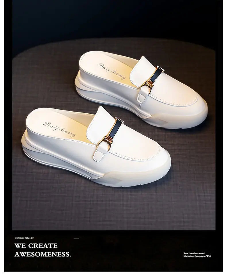 Damen Leder weiße Plateau-Sandalen - Baotou Stil