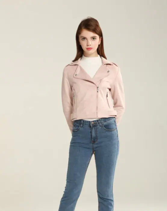 Short Women's Suede Jacket with Asymmetrical Zipper