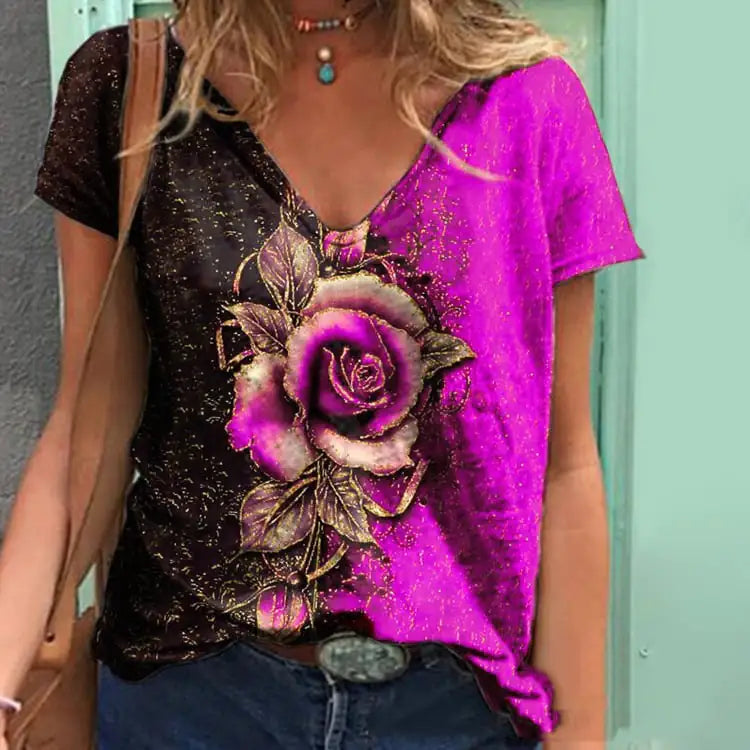 Summer V-neck 3D Rose Short-Sleeve Loose T-Shirt