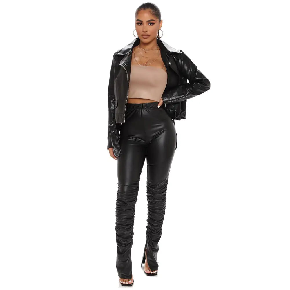 High Waist Skinny Pleated PU Leather Pants