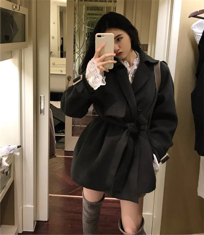 Double-Sided Wool Blend Belted Long Coat for Women