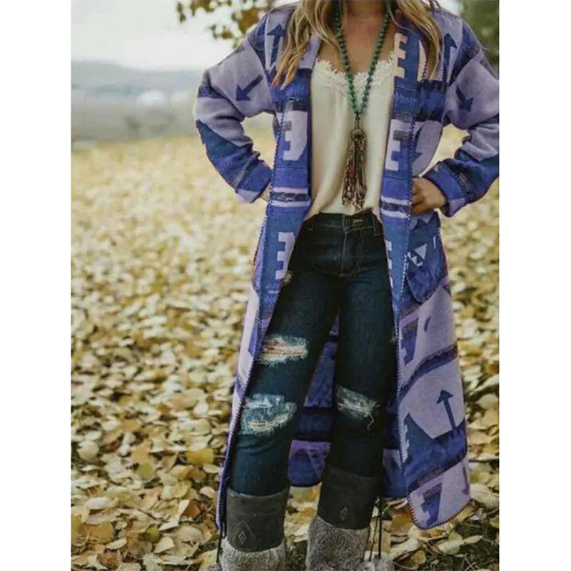 Printed Long Sleeve Woolen Coat